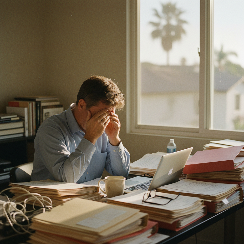 A CPA at a home-office desk surrounded by paper folders