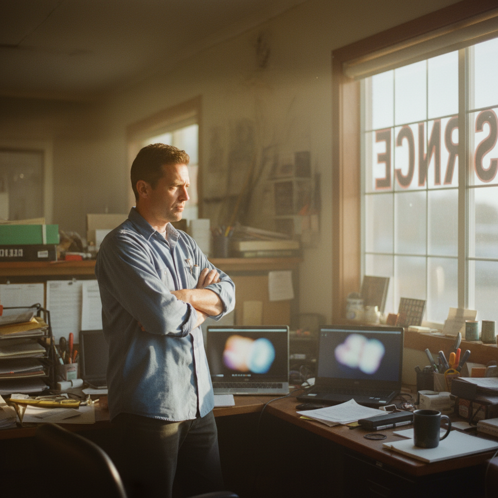 A service-business owner looking at two laptop screens in a small office