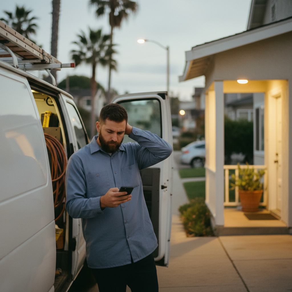 An HVAC technician looking at his phone at dusk next to his service van