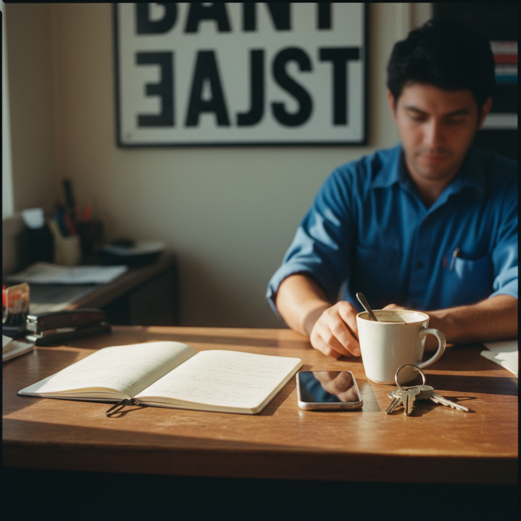 An overhead view of a desk with a notebook, phone, coffee cup, and keys