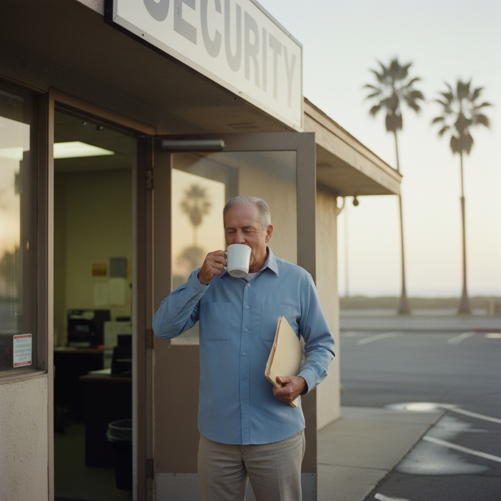 An older security company owner standing at the front door of his office at dawn