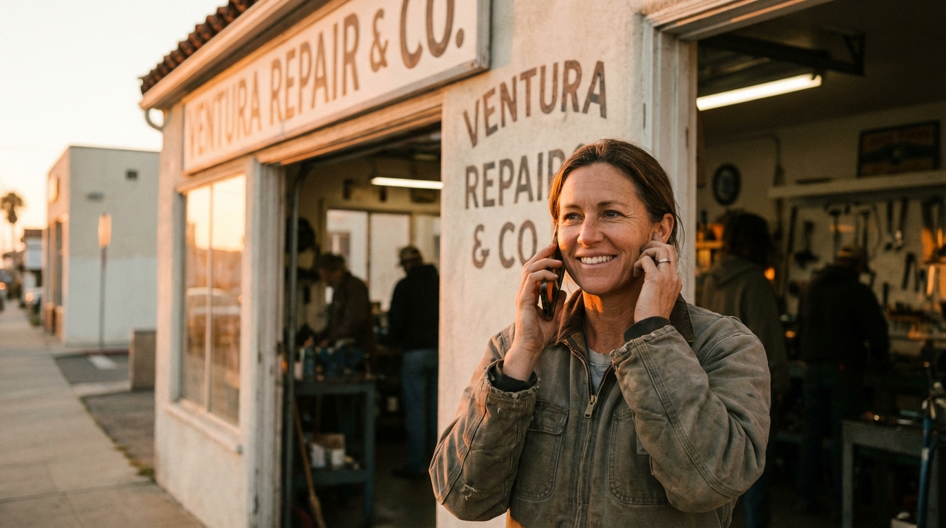 A service business owner outside her shop in coastal California, smiling on a phone call at golden hour