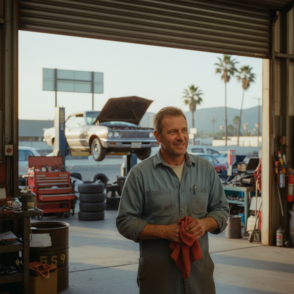 An auto mechanic wiping his hands with a shop rag outside the open roll-up door of a small family-run California auto repair shop