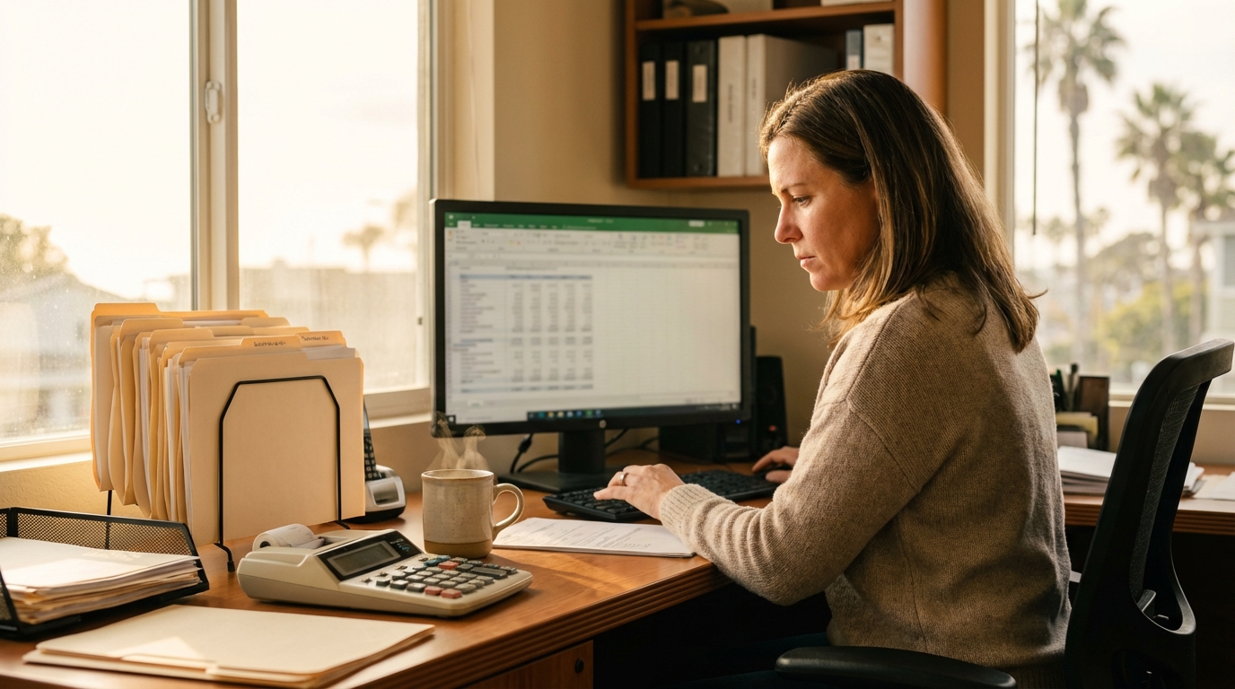 A CPA working at an organized desk during tax season with paperwork, calculator, and warm afternoon light