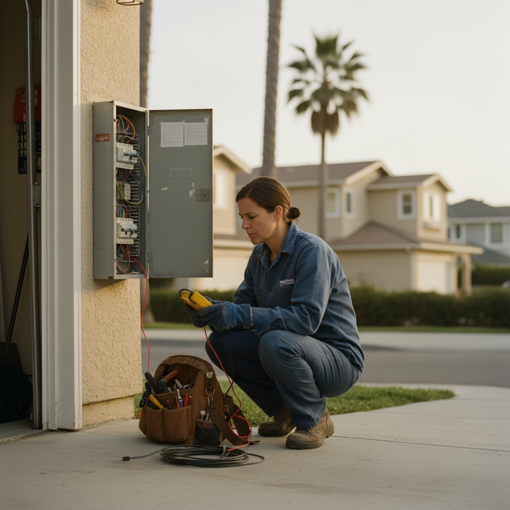 A female electrician kneeling by an open service panel in a coastal California neighborhood at dusk