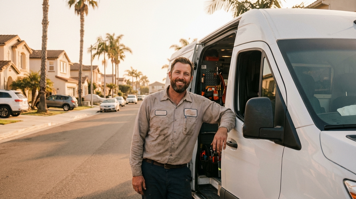 An HVAC technician working from his branded service van in a coastal California neighborhood at golden hour