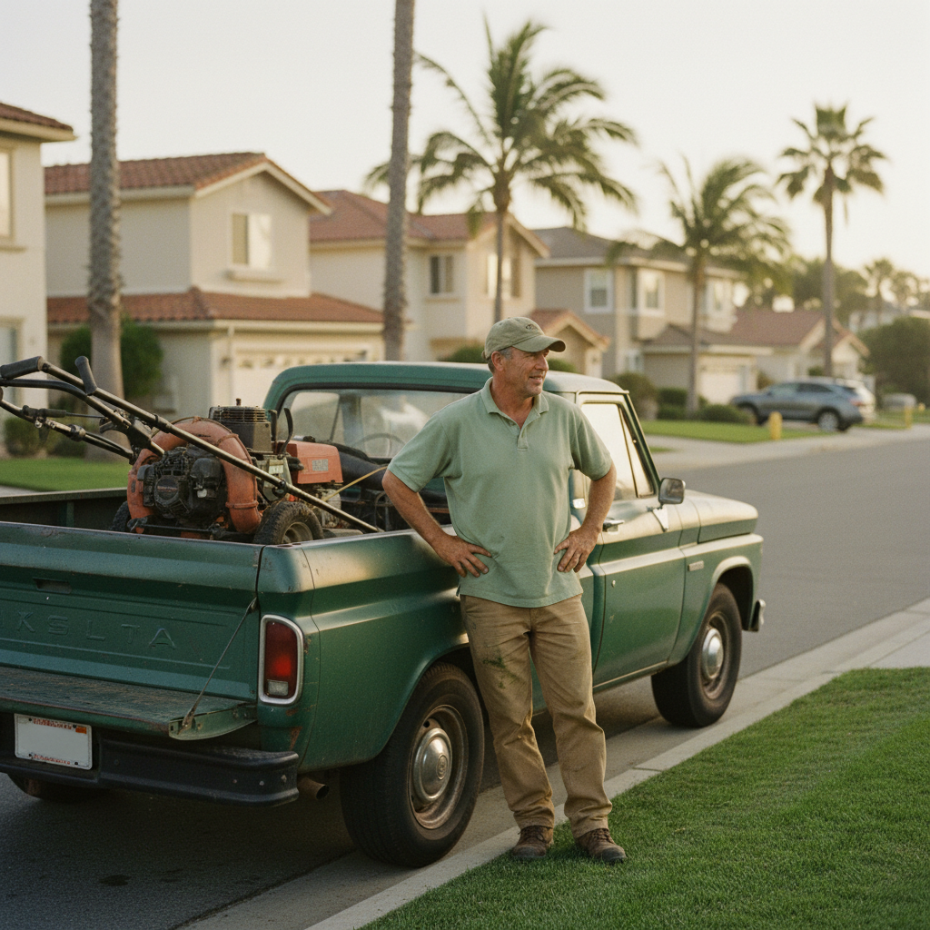 A landscaping crew lead standing next to his loaded pickup truck in a California neighborhood at golden hour