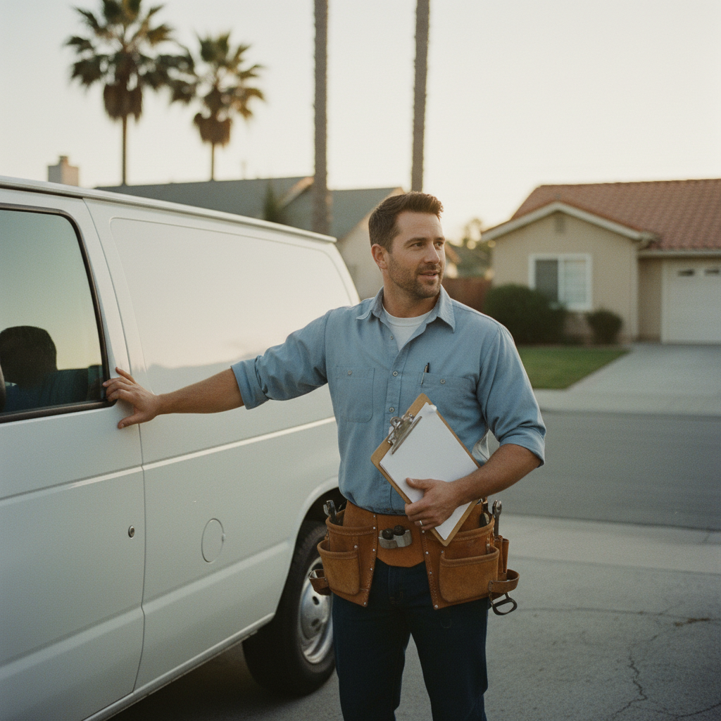 A plumber standing beside his service van in a coastal California neighborhood at golden hour