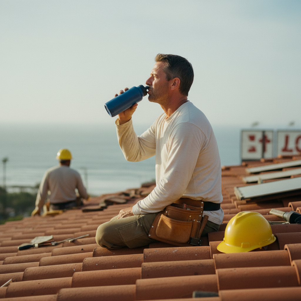 A roofer taking a water break on a Spanish tile roof with the ocean on the horizon