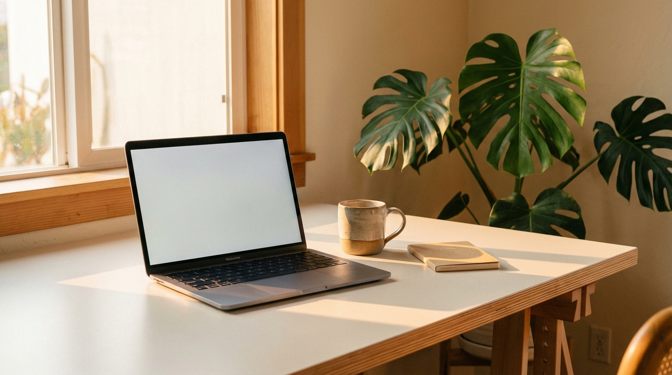 A morning desk with laptop showing automated reports next to coffee, soft window light
