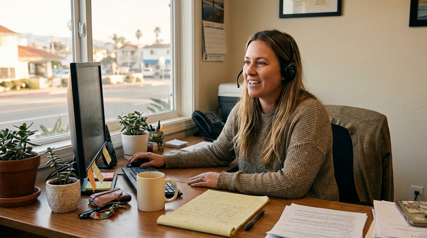 A dispatcher wearing a headset working at a small office desk with warm window light
